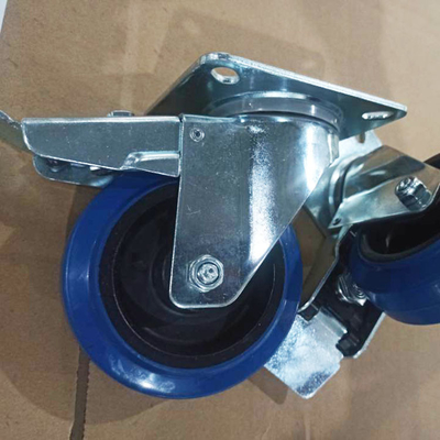 4 Inch Blue Wheel Swivel Elastic Rubber Casters With Brake Top Plate Soft Industrial Rubber Wheels